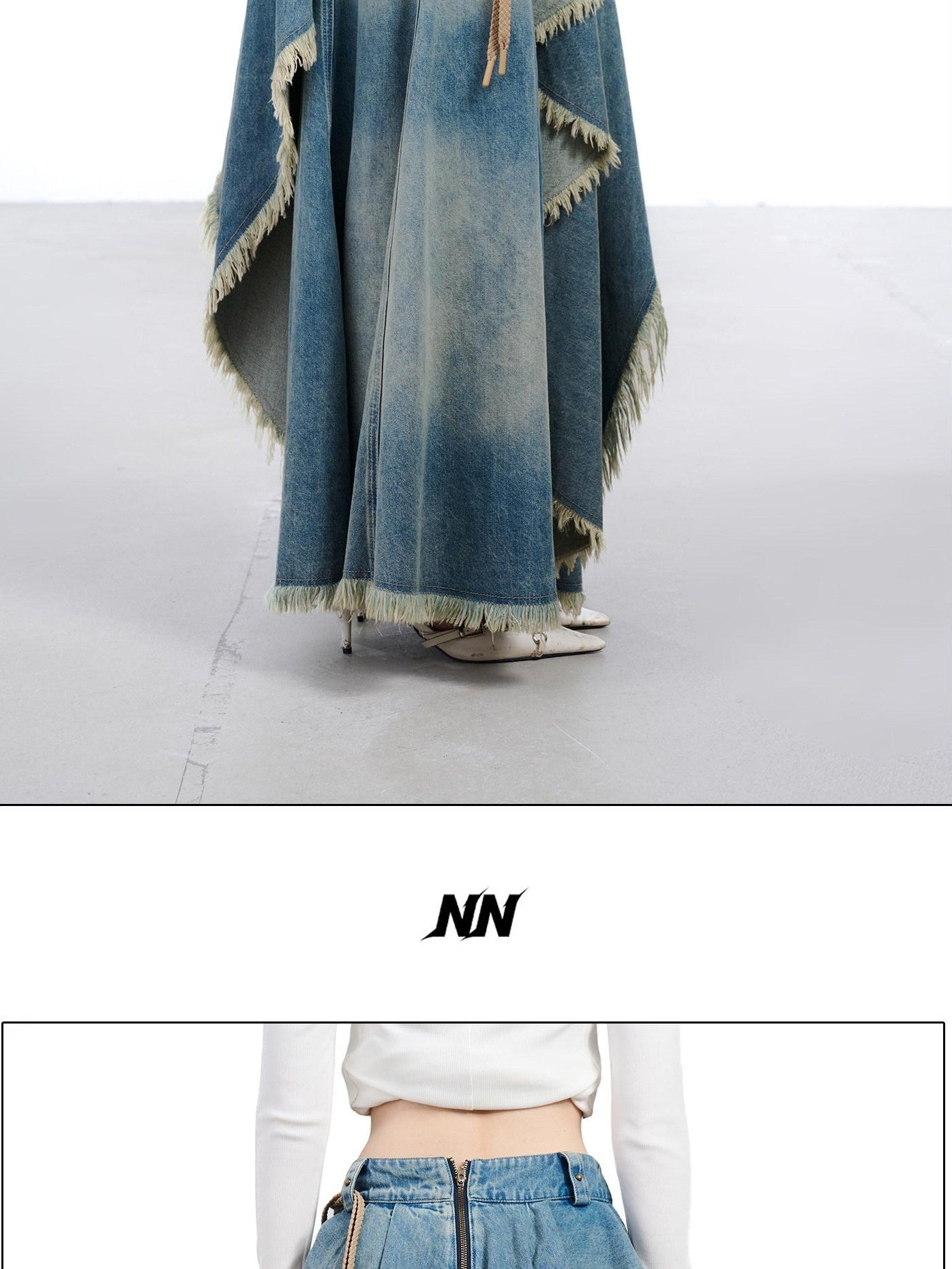 NORTH NODE Vintage Blue Washed Distressed Asymmetrical Raw Hem Women&