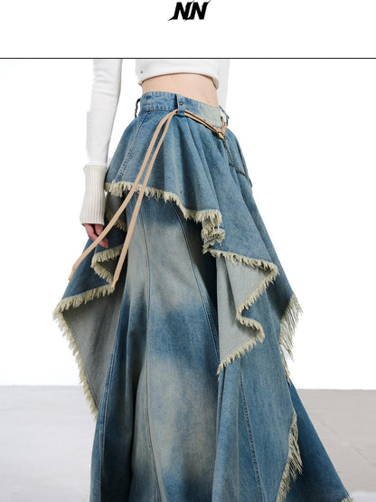 NORTH NODE Vintage Blue Washed Distressed Asymmetrical Raw Hem Women&