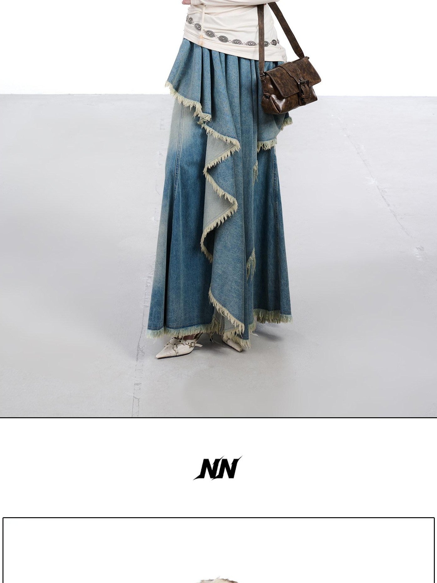 NORTH NODE Vintage Blue Washed Distressed Asymmetrical Raw Hem Women&