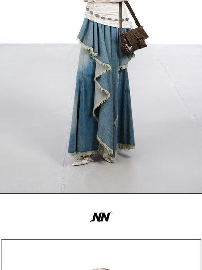NORTH NODE Vintage Blue Washed Distressed Asymmetrical Raw Hem Women&