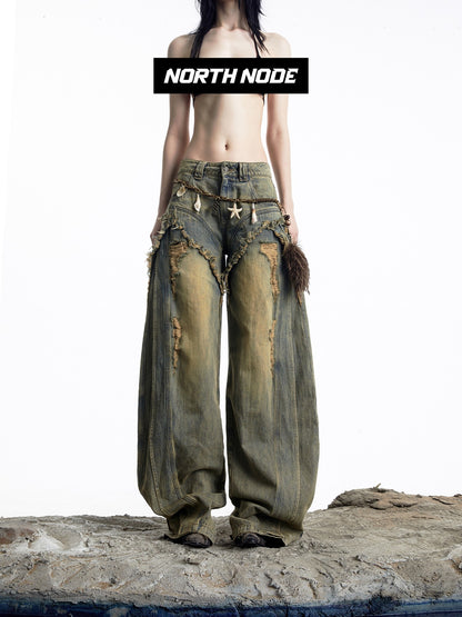 NORTH NODE Vintage Blue Washed Distressed Raw Hem Ripped Women&