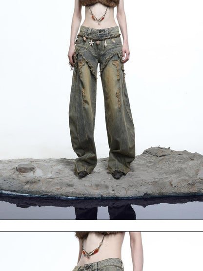 NORTH NODE Vintage Blue Washed Distressed Raw Hem Ripped Women&