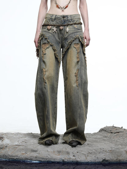 NORTH NODE Vintage Blue Washed Distressed Raw Hem Ripped Women&