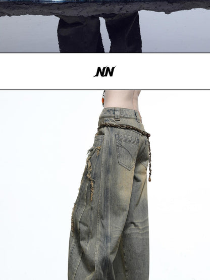 NORTH NODE Vintage Blue Washed Distressed Raw Hem Ripped Women&