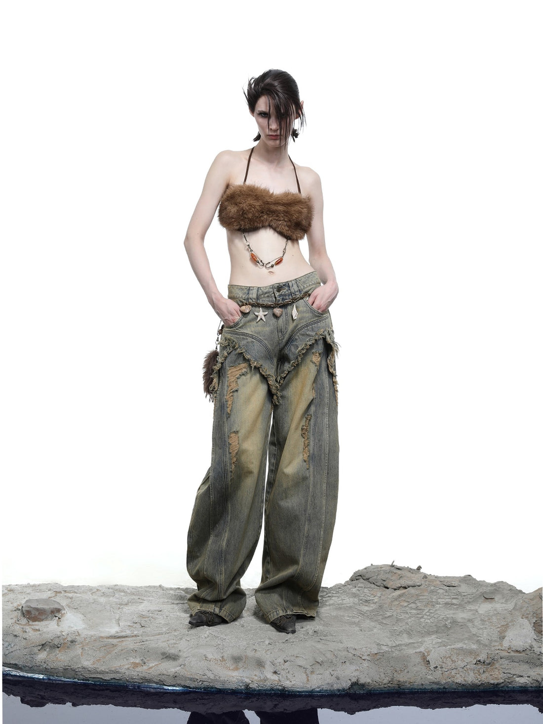 NORTH NODE Vintage Blue Washed Distressed Raw Hem Ripped Women&