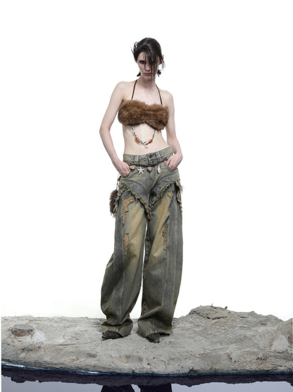 NORTH NODE Vintage Blue Washed Distressed Raw Hem Ripped Women&
