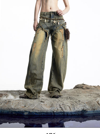 NORTH NODE Vintage Blue Washed Distressed Raw Hem Ripped Women&