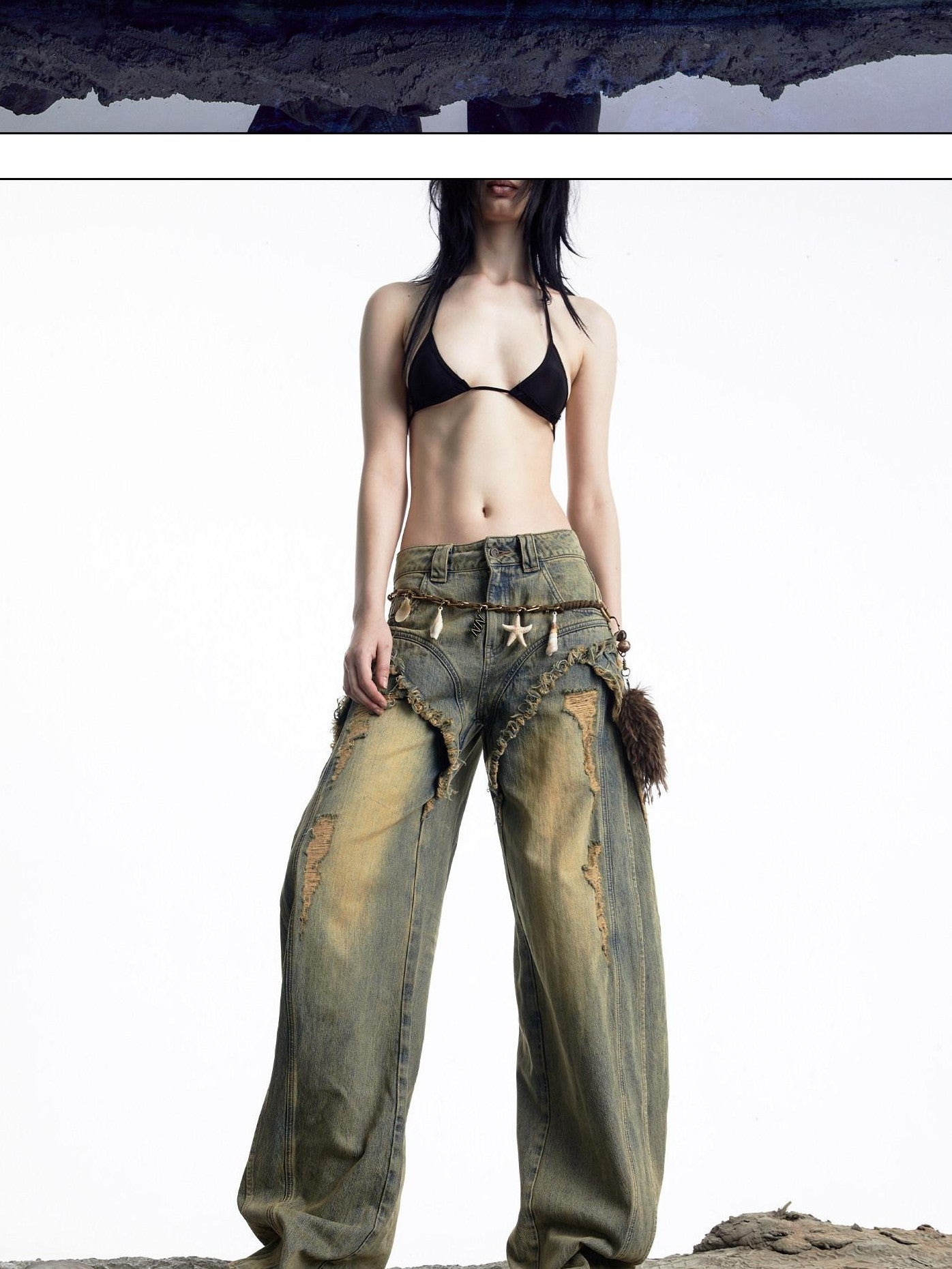 NORTH NODE Vintage Blue Washed Distressed Raw Hem Ripped Women&