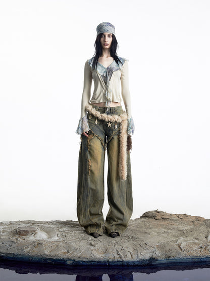 NORTH NODE Vintage Blue Washed Distressed Raw Hem Ripped Women&