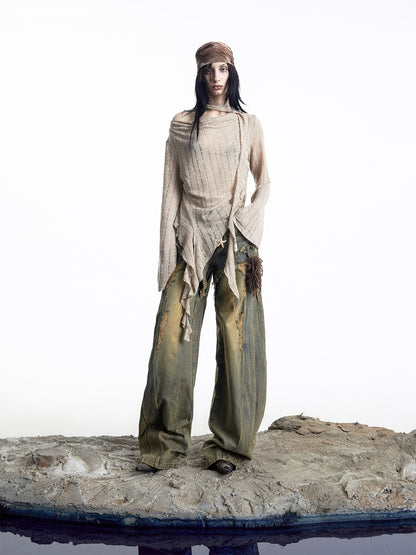 NORTH NODE Vintage Blue Washed Distressed Raw Hem Ripped Women&