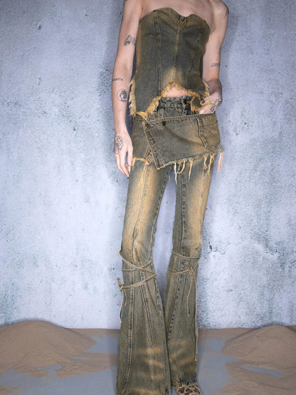 NORTH NODE Vintage Distressed Wash Tie Waist Skort Women&
