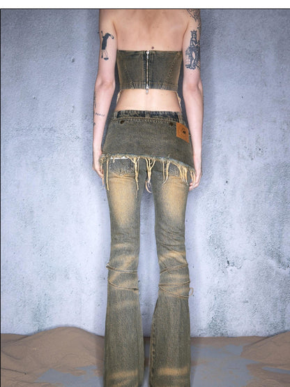 NORTH NODE Vintage Distressed Wash Tie Waist Skort Women&