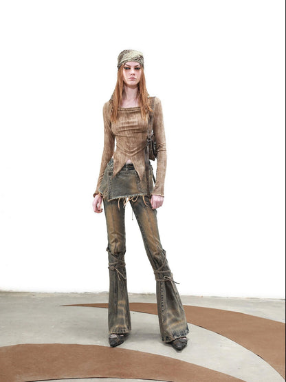 NORTH NODE Vintage Distressed Wash Tie Waist Skort Women&