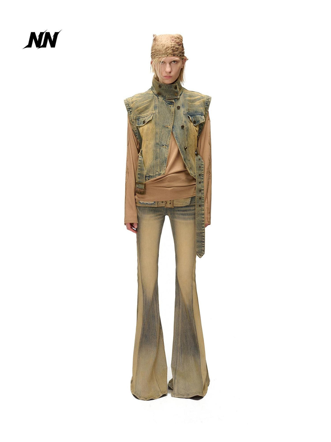 NORTH NODE Vintage Washed Distressed Loose Fit Stand Collar Women&
