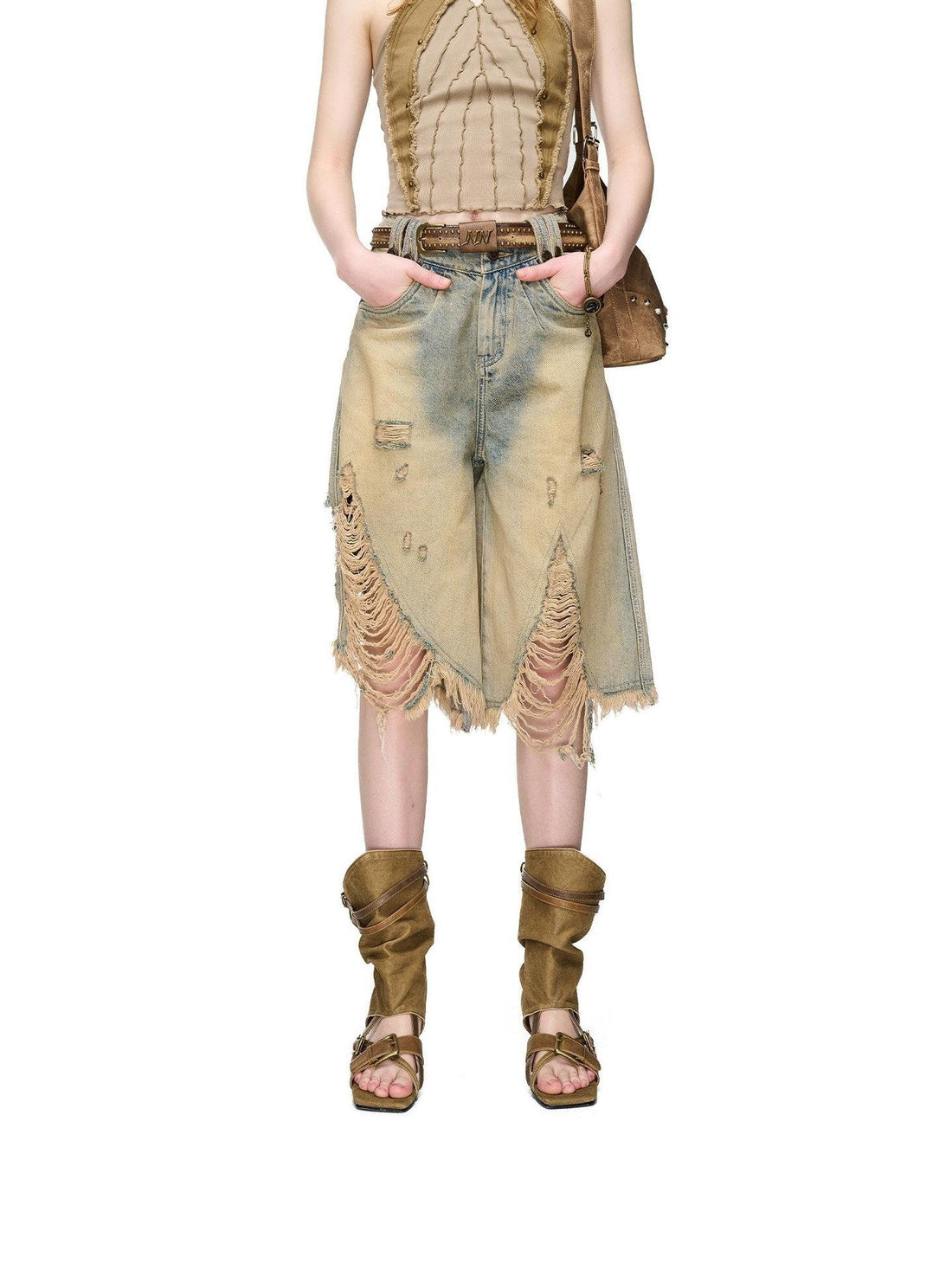 NORTH NODE Vintage Washed Distressed Ripped Wide Leg Women&