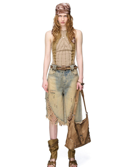 NORTH NODE Vintage Washed Distressed Ripped Wide Leg Women&