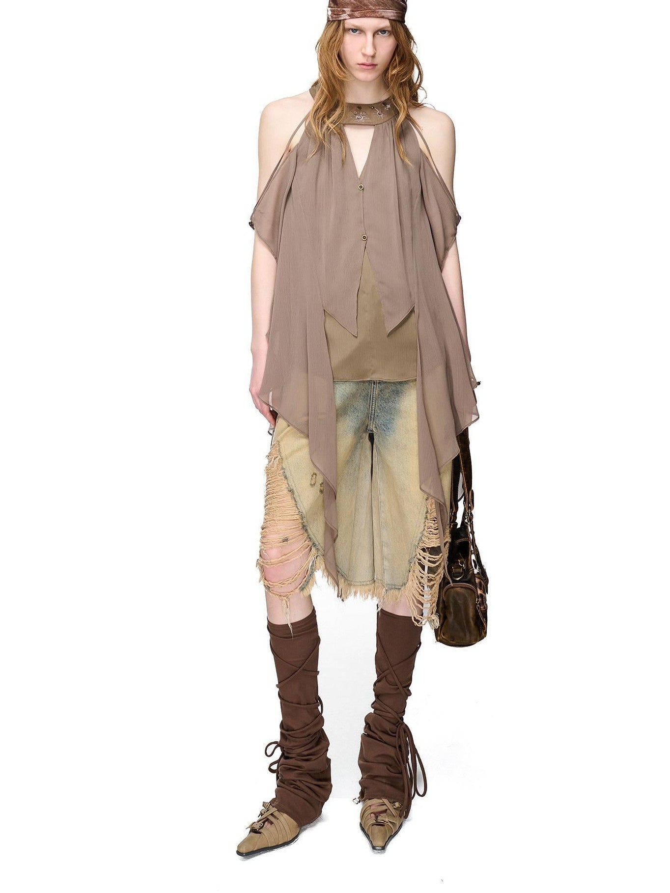 NORTH NODE Vintage Washed Distressed Ripped Wide Leg Women&