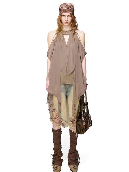 NORTH NODE Vintage Washed Distressed Ripped Wide Leg Women&