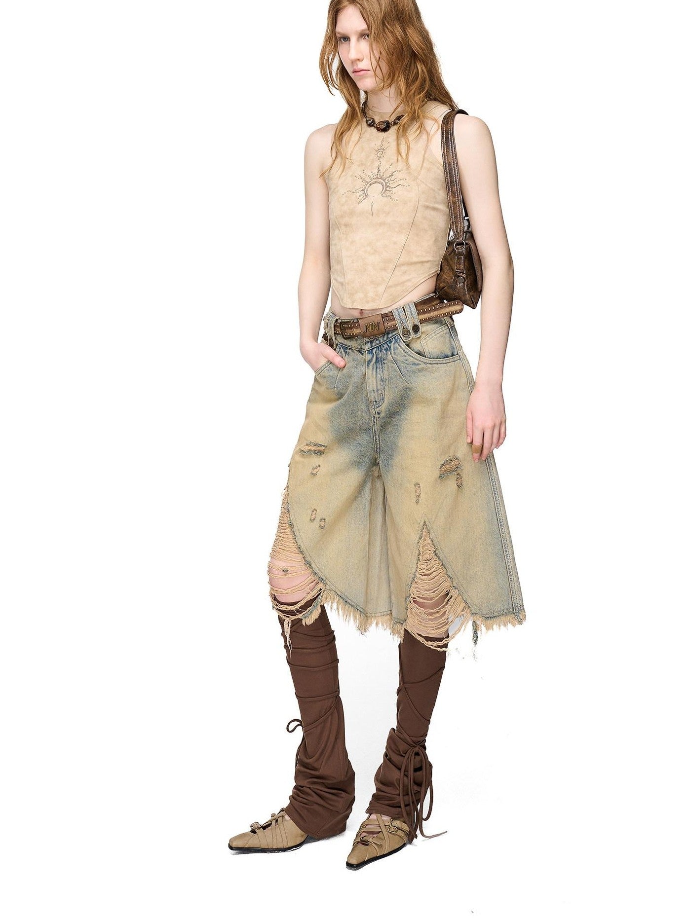 NORTH NODE Vintage Washed Distressed Ripped Wide Leg Women&