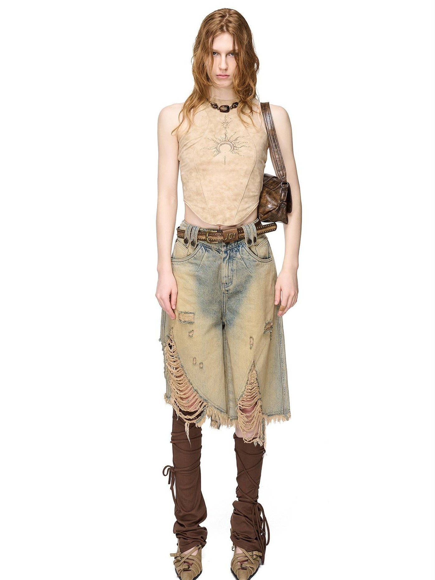 NORTH NODE Vintage Washed Distressed Ripped Wide Leg Women&