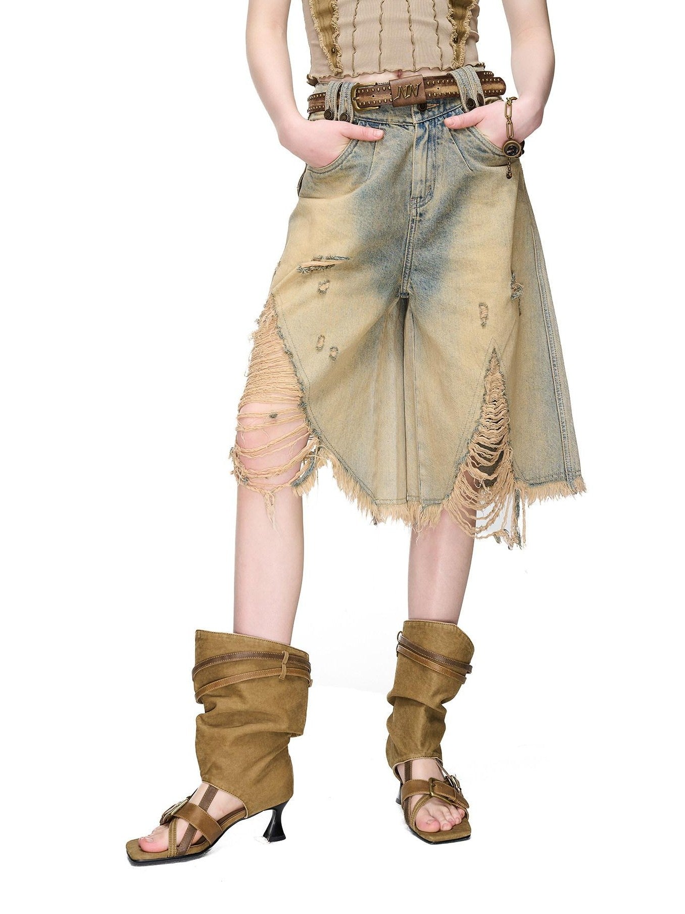 NORTH NODE Vintage Washed Distressed Ripped Wide Leg Women&