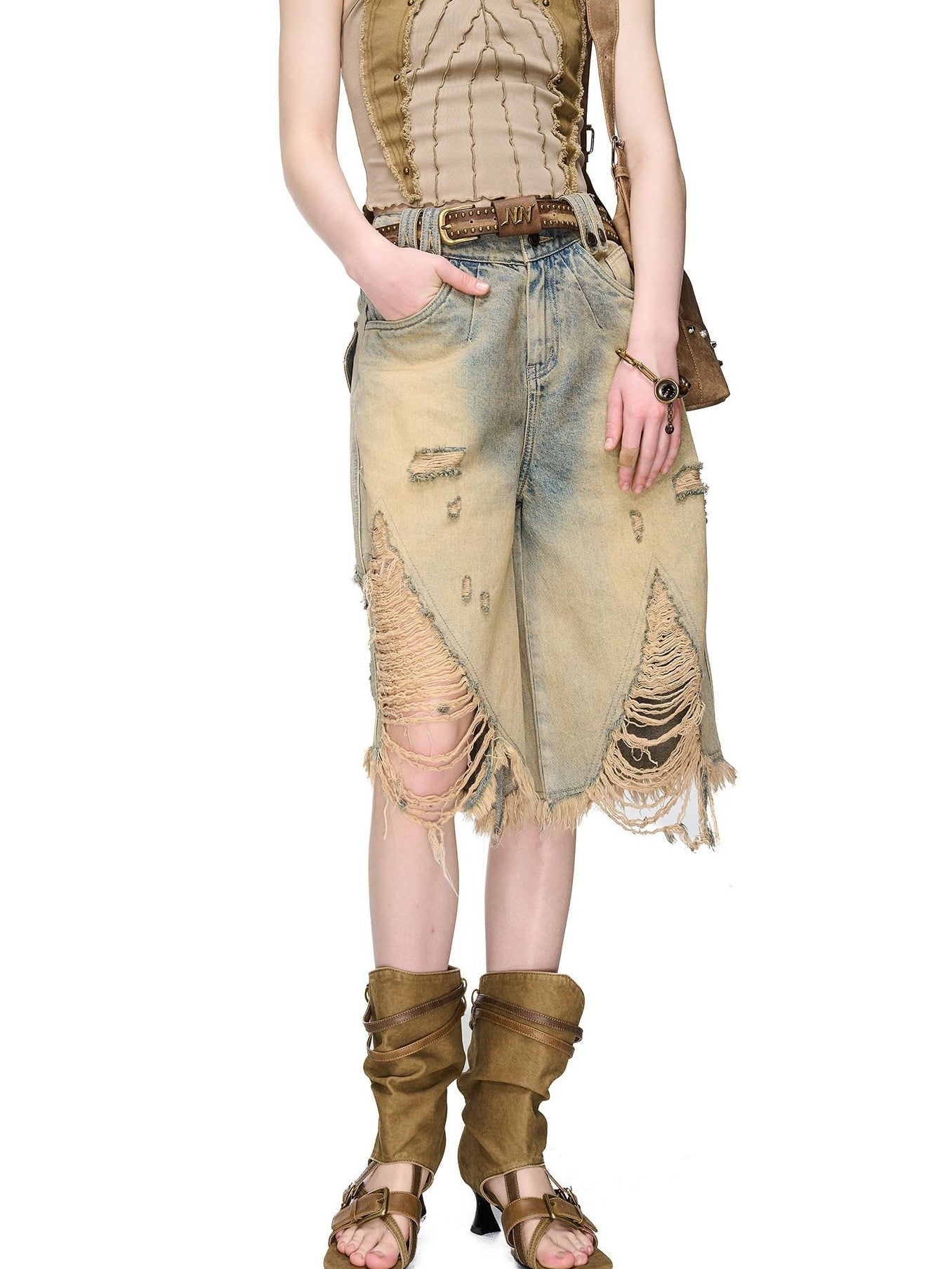 NORTH NODE Vintage Washed Distressed Ripped Wide Leg Women&
