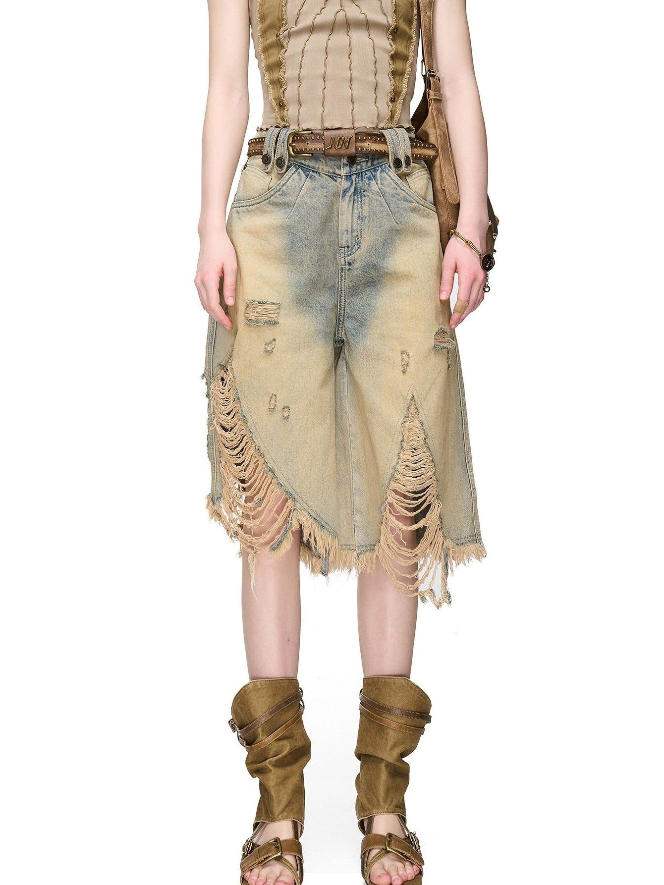 NORTH NODE Vintage Washed Distressed Ripped Wide Leg Women&