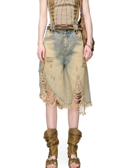 NORTH NODE Vintage Washed Distressed Ripped Wide Leg Women&