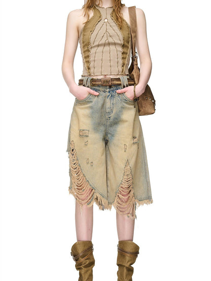 NORTH NODE Vintage Washed Distressed Ripped Wide Leg Women&