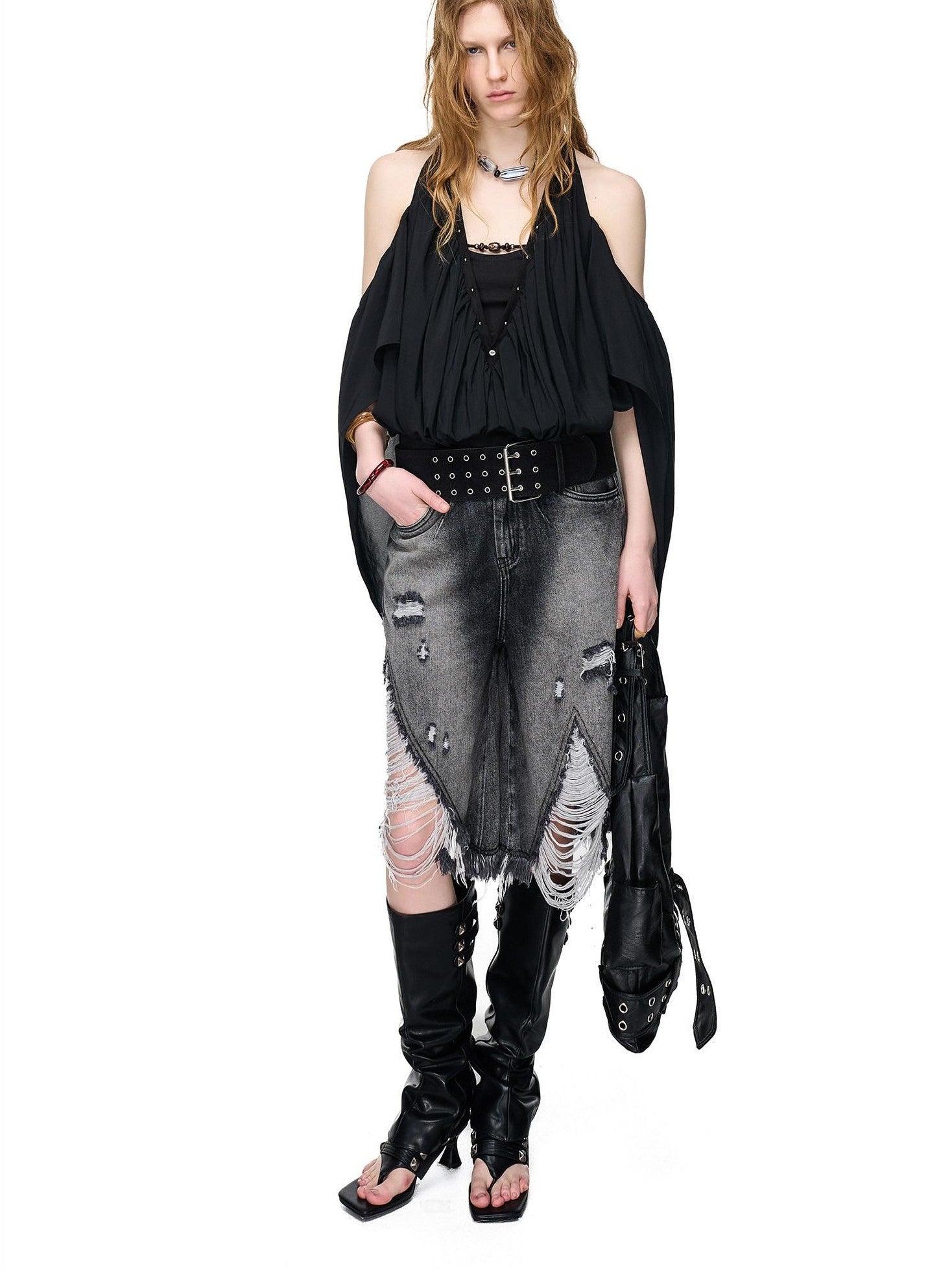 NORTH NODE Vintage Washed Distressed Ripped Wide Leg Women&