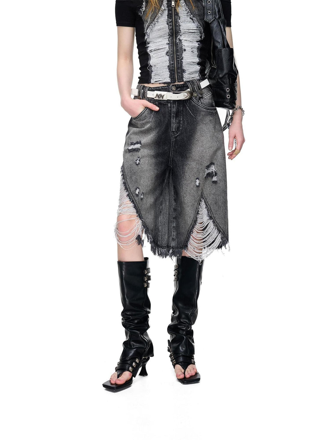 NORTH NODE Vintage Washed Distressed Ripped Wide Leg Women&