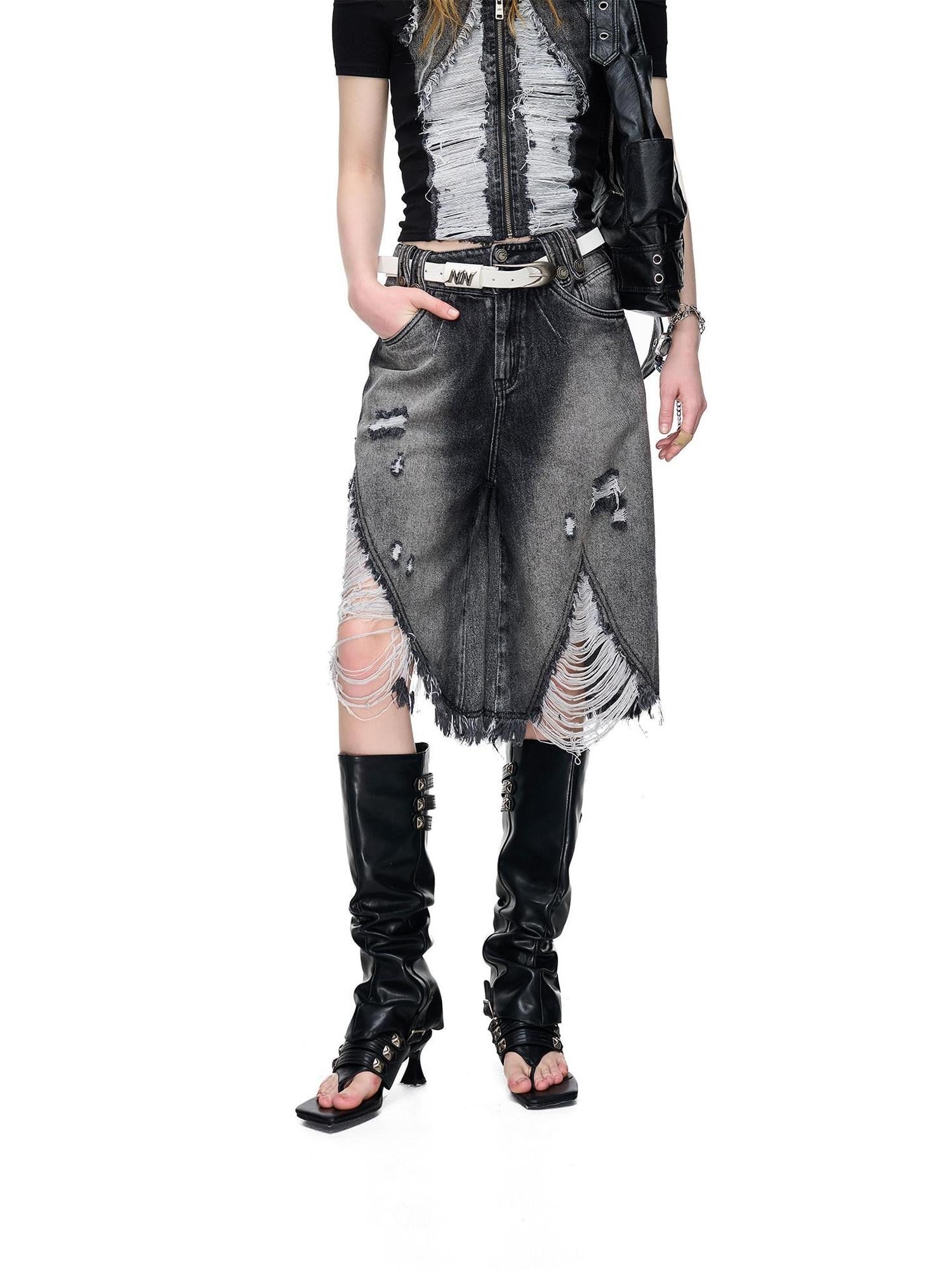 NORTH NODE Vintage Washed Distressed Ripped Wide Leg Women&