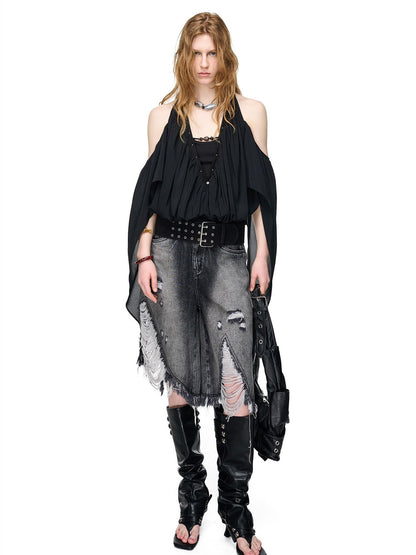 NORTH NODE Vintage Washed Distressed Ripped Wide Leg Women&