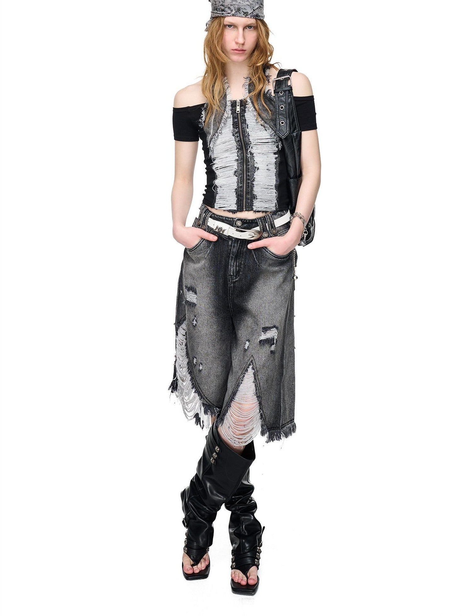 NORTH NODE Vintage Washed Distressed Ripped Wide Leg Women&