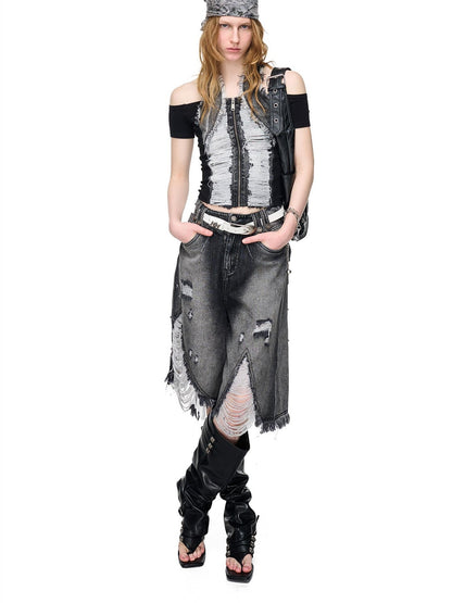 NORTH NODE Vintage Washed Distressed Ripped Wide Leg Women&