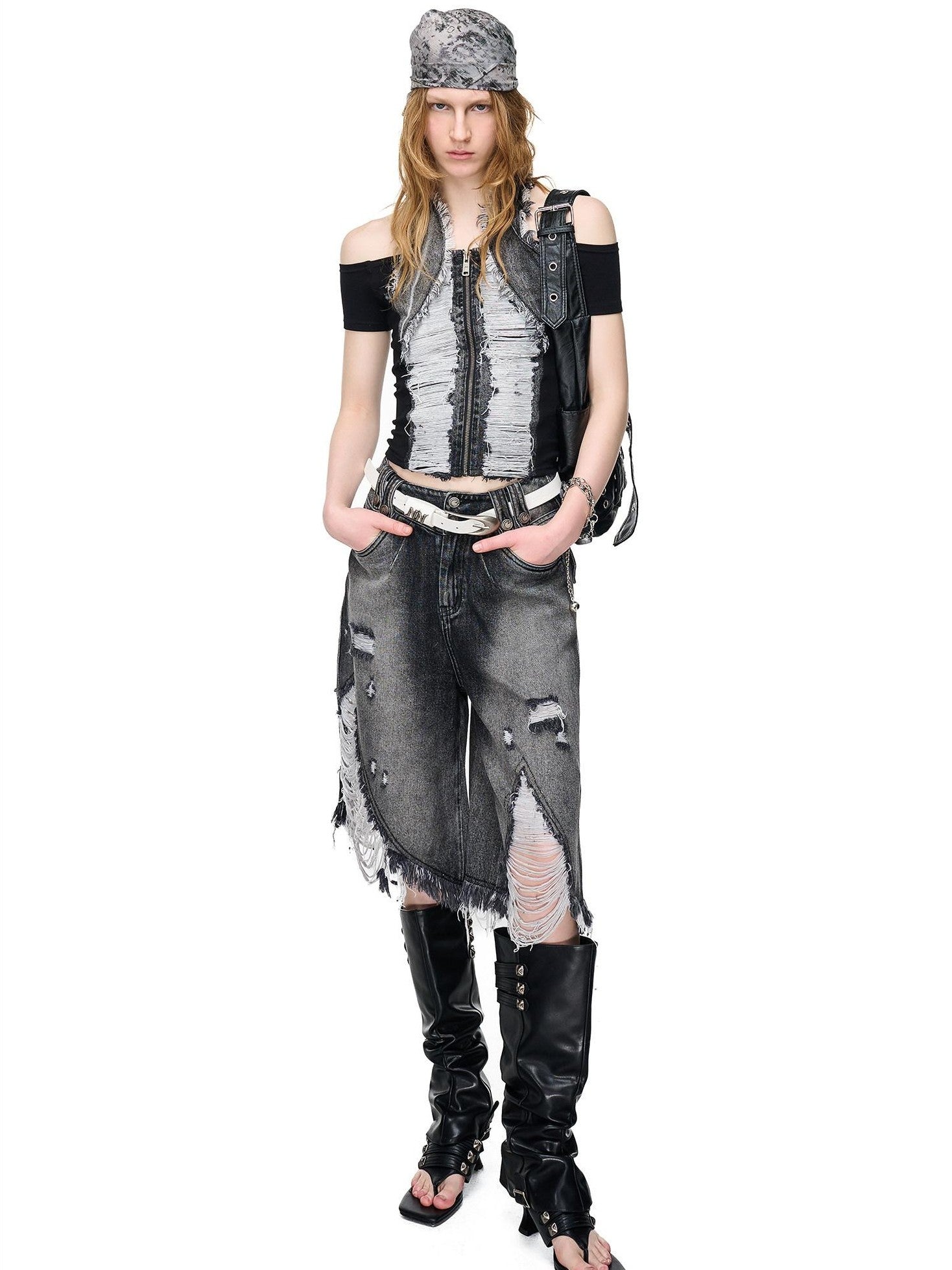 NORTH NODE Vintage Washed Distressed Ripped Wide Leg Women&