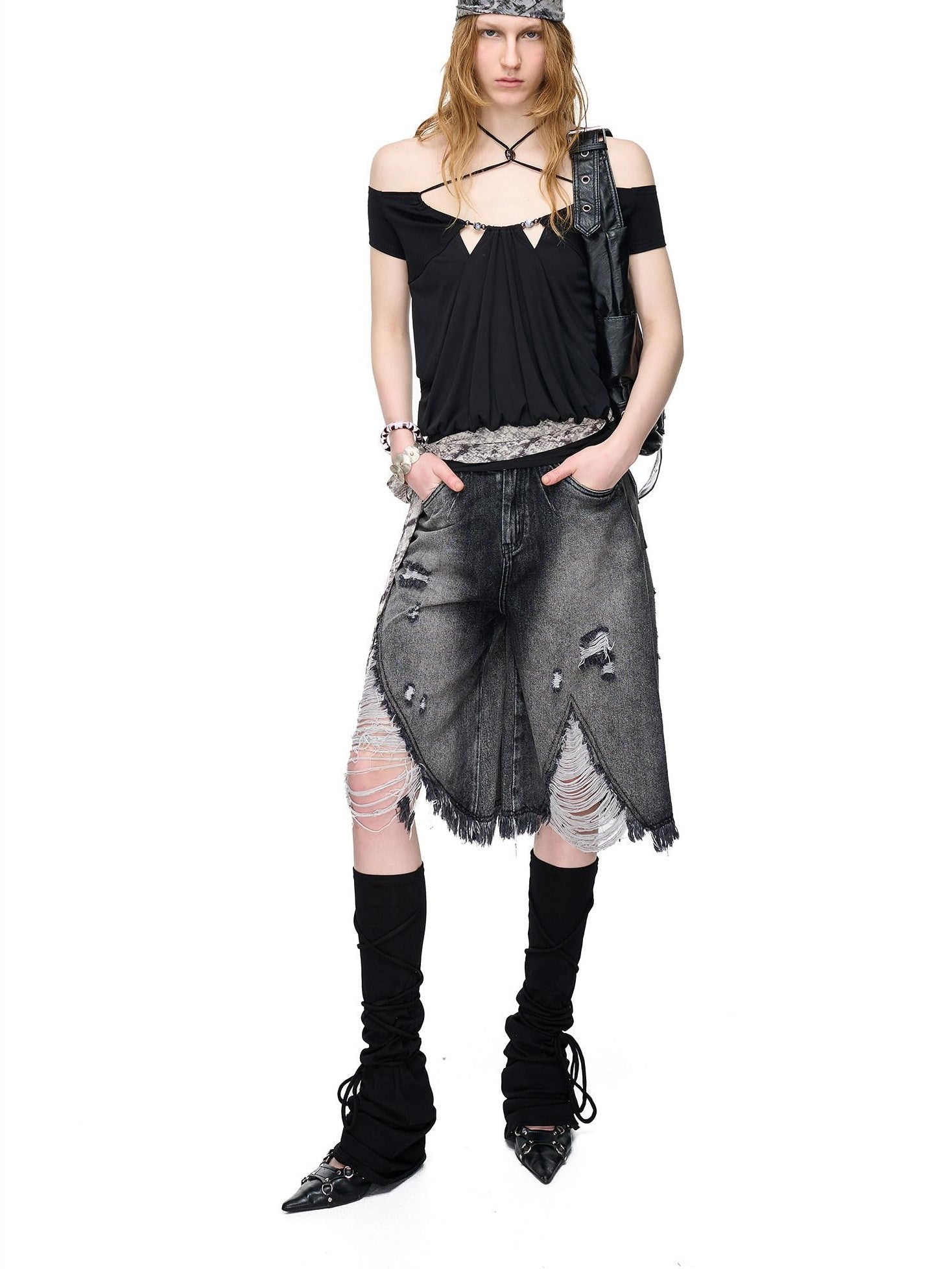 NORTH NODE Vintage Washed Distressed Ripped Wide Leg Women&