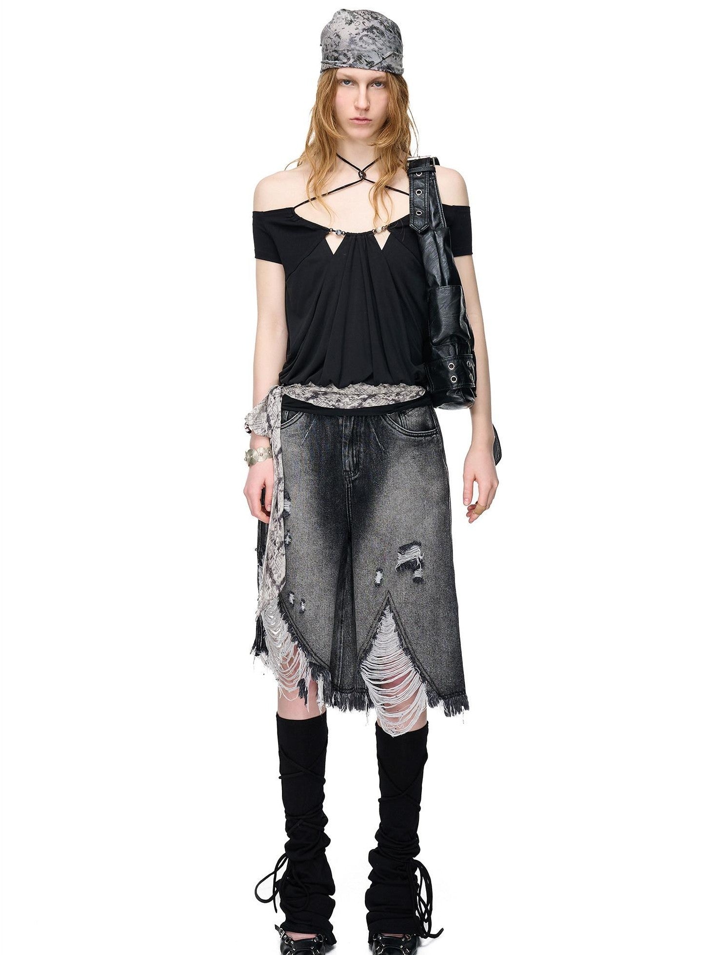 NORTH NODE Vintage Washed Distressed Ripped Wide Leg Women&