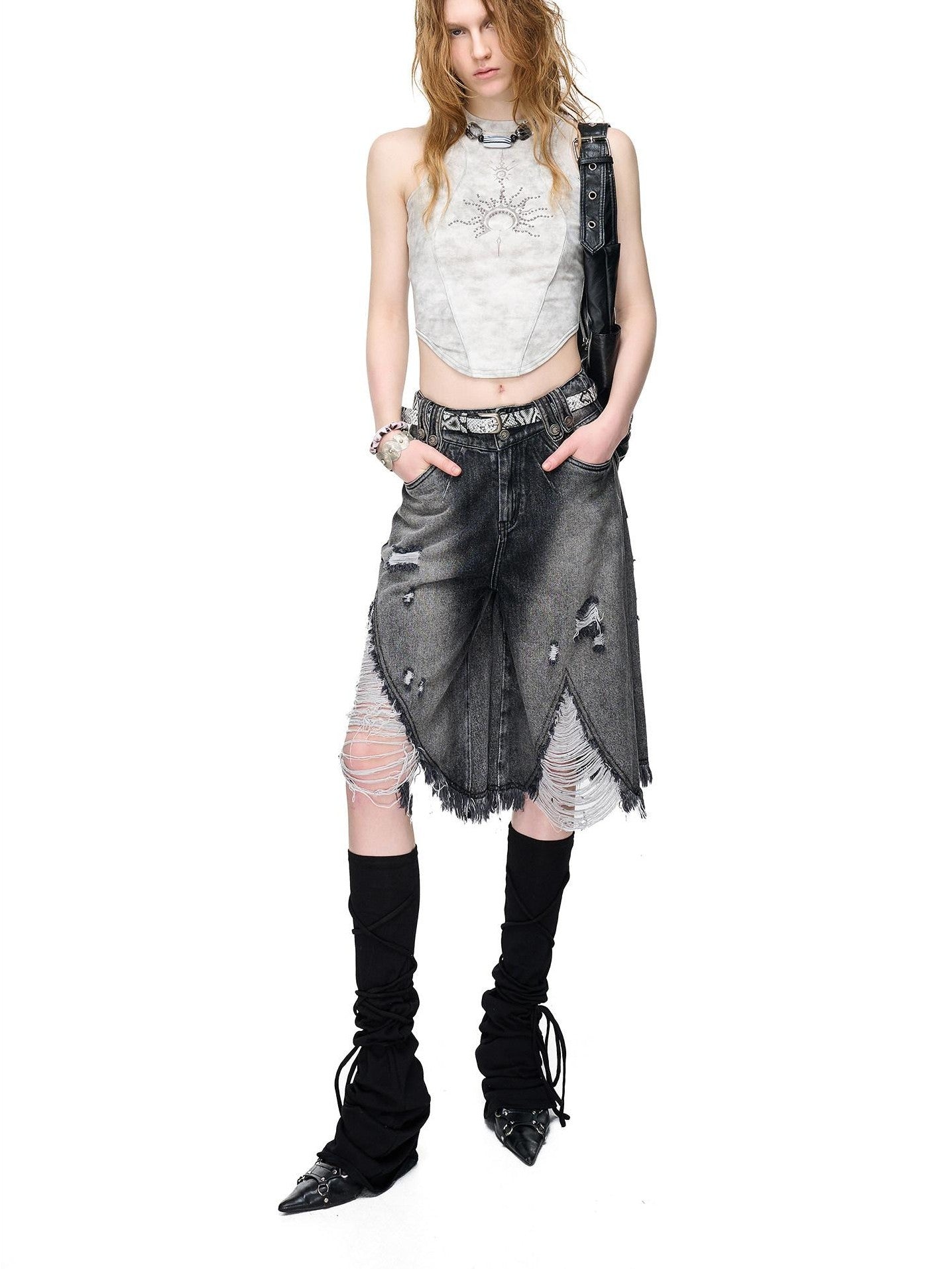 NORTH NODE Vintage Washed Distressed Ripped Wide Leg Women&