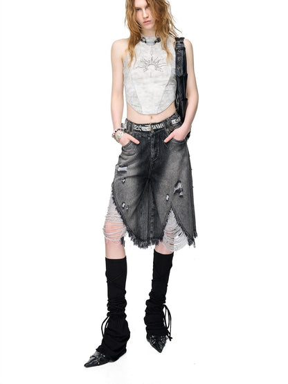 NORTH NODE Vintage Washed Distressed Ripped Wide Leg Women&