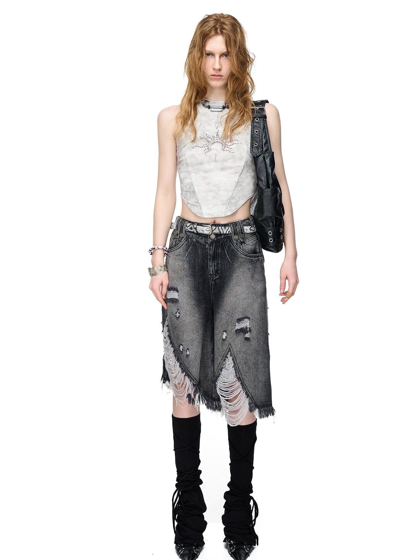 NORTH NODE Vintage Washed Distressed Ripped Wide Leg Women&