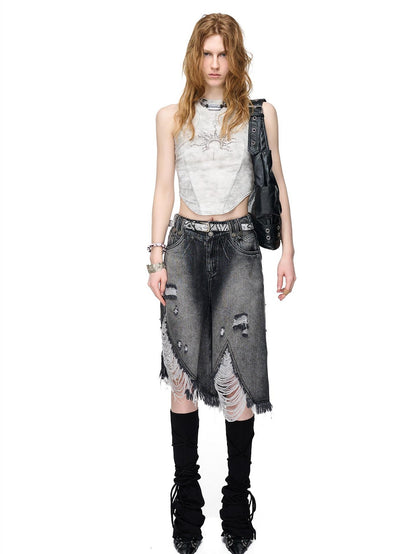 NORTH NODE Vintage Washed Distressed Ripped Wide Leg Women&