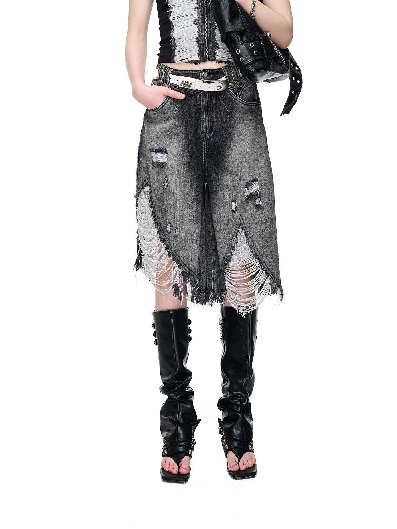 NORTH NODE Vintage Washed Distressed Ripped Wide Leg Women&