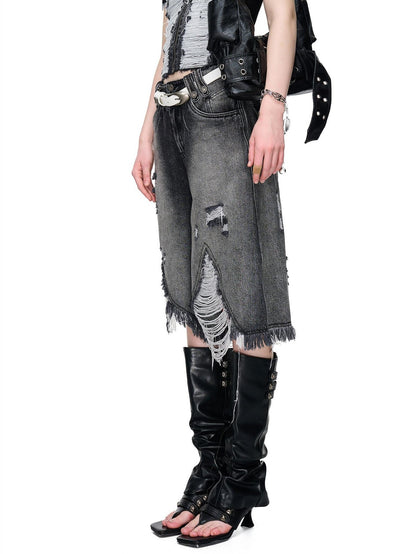 NORTH NODE Vintage Washed Distressed Ripped Wide Leg Women&