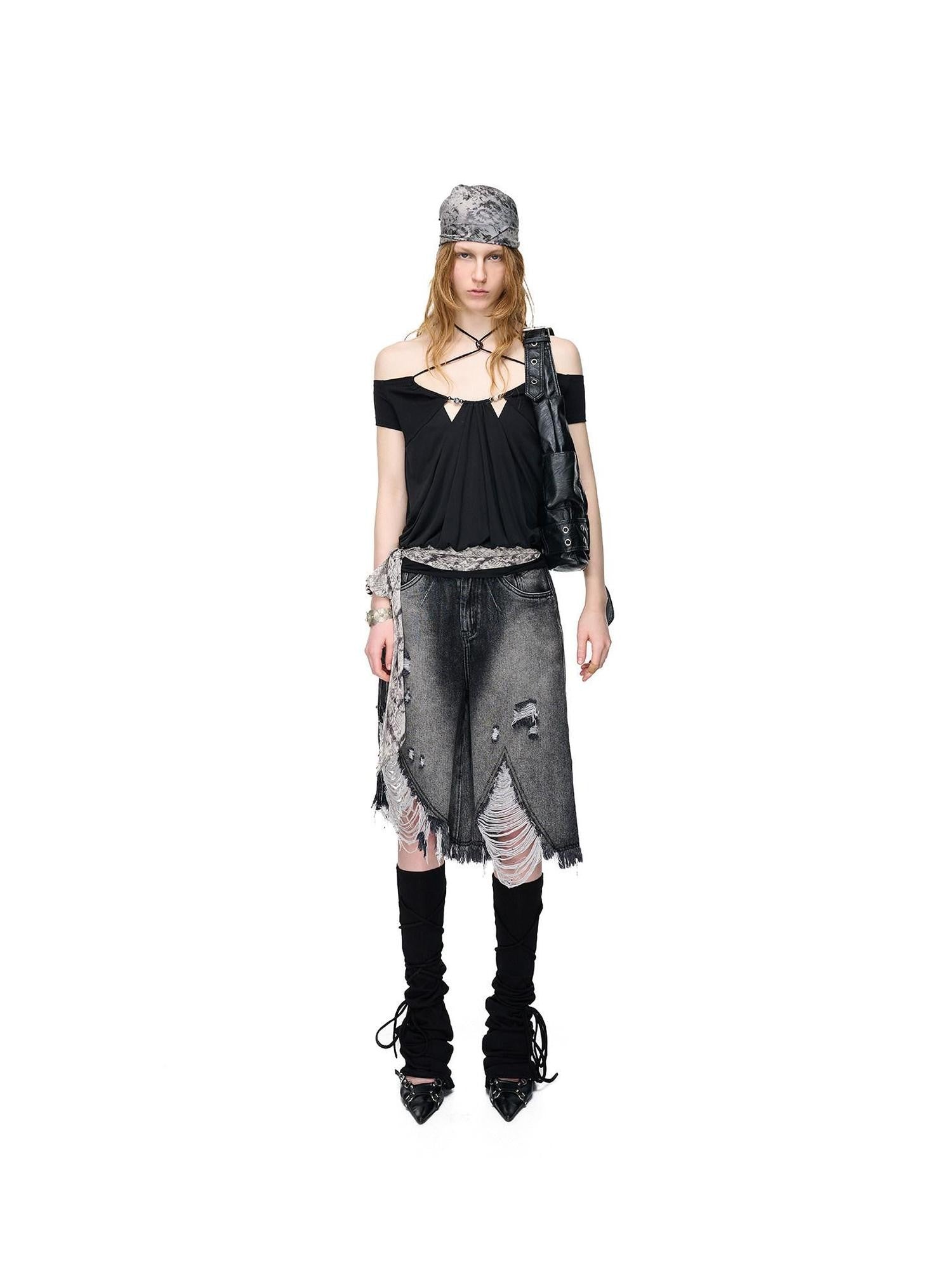 NORTH NODE Vintage Washed Distressed Ripped Wide Leg Women&