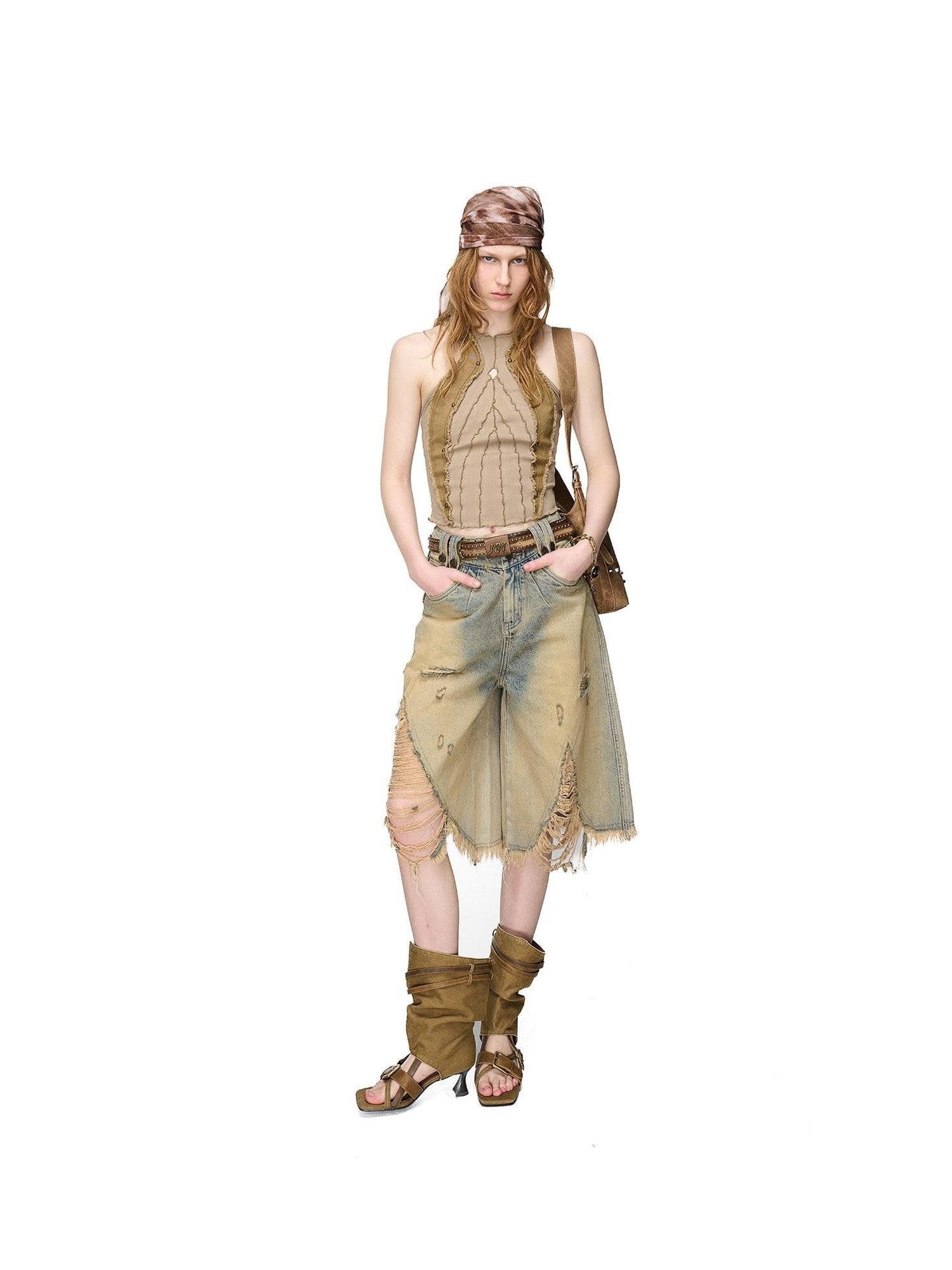 NORTH NODE Vintage Washed Distressed Ripped Wide Leg Women&