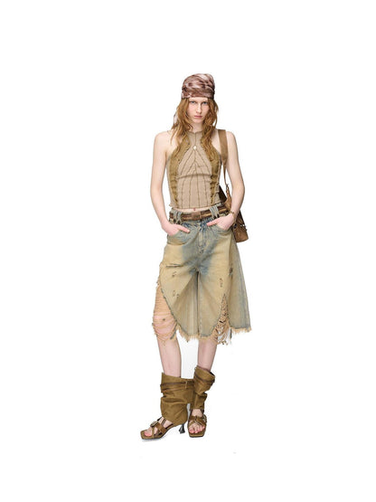 NORTH NODE Vintage Washed Distressed Ripped Wide Leg Women&
