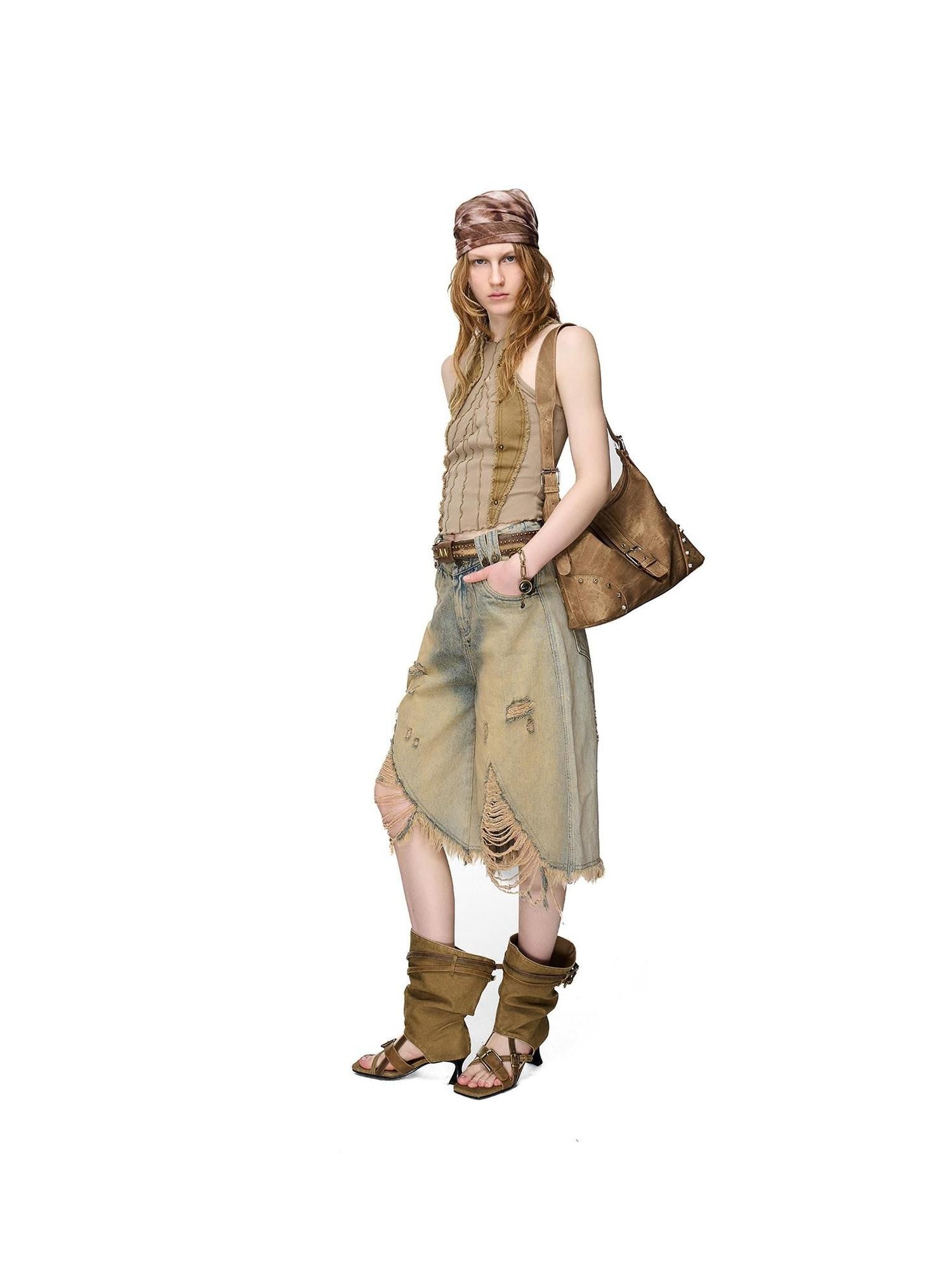 NORTH NODE Vintage Washed Distressed Ripped Wide Leg Women&