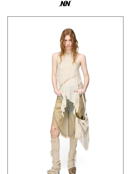 NORTH NODE Vintage Washed Distressed Ripped Wide Leg Women&