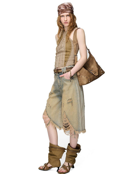NORTH NODE Vintage Washed Distressed Ripped Wide Leg Women&